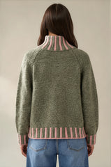Isabella Contrast Trim Roll Neck Jumper - Khaki / Pink
