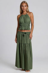 Evelyn Halter Neck Peplum Top & Tiered Maxi Skirt Co-Ord Set – Khaki