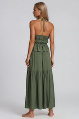 Evelyn Halter Neck Peplum Top & Tiered Maxi Skirt Co-Ord Set – Khaki
