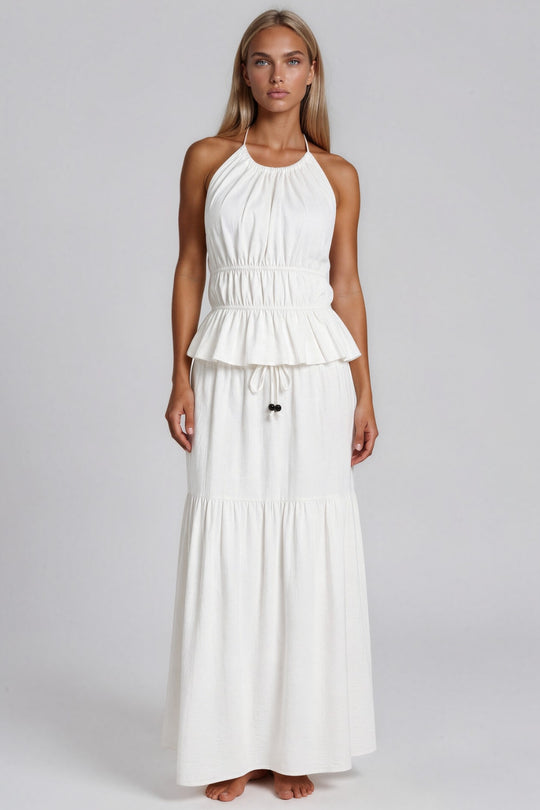 Evelyn Halter Neck Peplum Top & Tiered Maxi Skirt Co-Ord Set – White