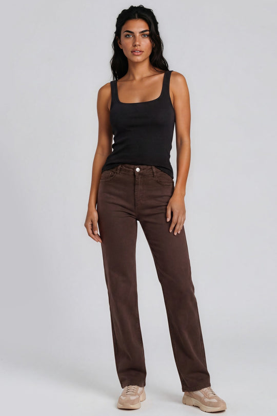 Rosalie Plain Stretch Denim Wide Leg Jeans – Chocolate Brown