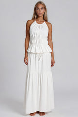 Evelyn Halter Neck Peplum Top & Tiered Maxi Skirt Co-Ord Set – White