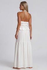 Evelyn Halter Neck Peplum Top & Tiered Maxi Skirt Co-Ord Set – White