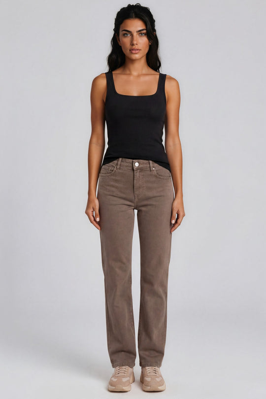 Rosalie Plain Stretch Denim Wide Leg Jeans – Mocha