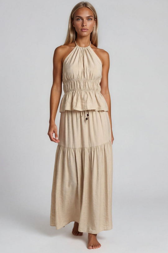 Evelyn Halter Neck Peplum Top & Tiered Maxi Skirt Co-Ord Set – Stone
