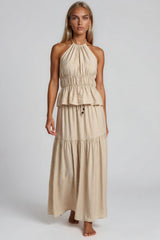 Evelyn Halter Neck Peplum Top & Tiered Maxi Skirt Co-Ord Set – Stone