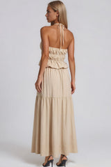Evelyn Halter Neck Peplum Top & Tiered Maxi Skirt Co-Ord Set – Stone