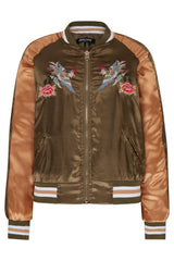 Chloe Embroidered Phoenix Satin Bomber Jacket - Khaki & Gold