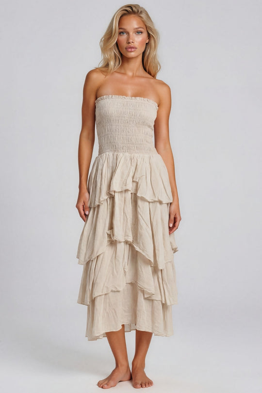 Daisy Smocked Bandeau Cotton Maxi Dress - Beige