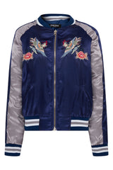 Chloe Embroidered Phoenix Satin Bomber Jacket - Blue & Silver