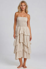 Daisy Smocked Bandeau Cotton Maxi Dress - Beige