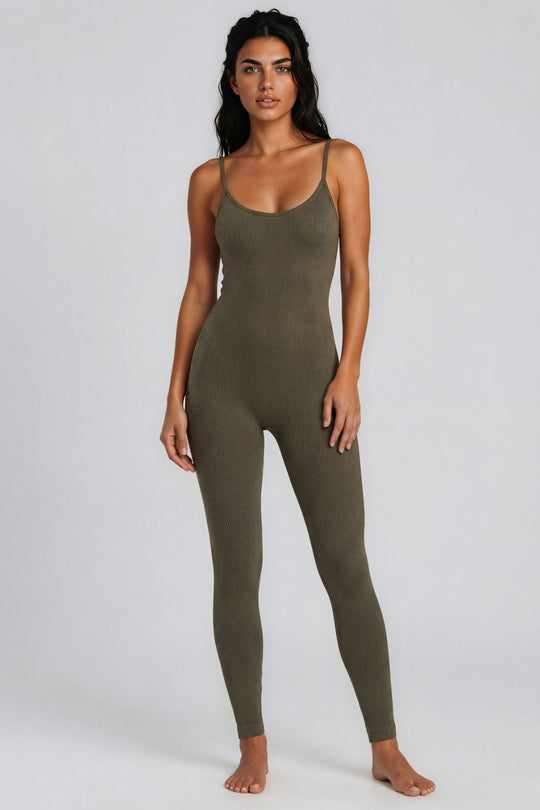 Tatiana Ribbed Seamless Unitard Jumpsuit – Khaki