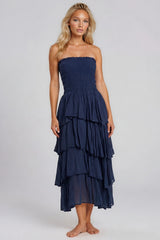 Daisy Smocked Bandeau Cotton Maxi Dress - Navy
