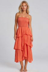 Daisy Smocked Bandeau Cotton Maxi Dress - Coral