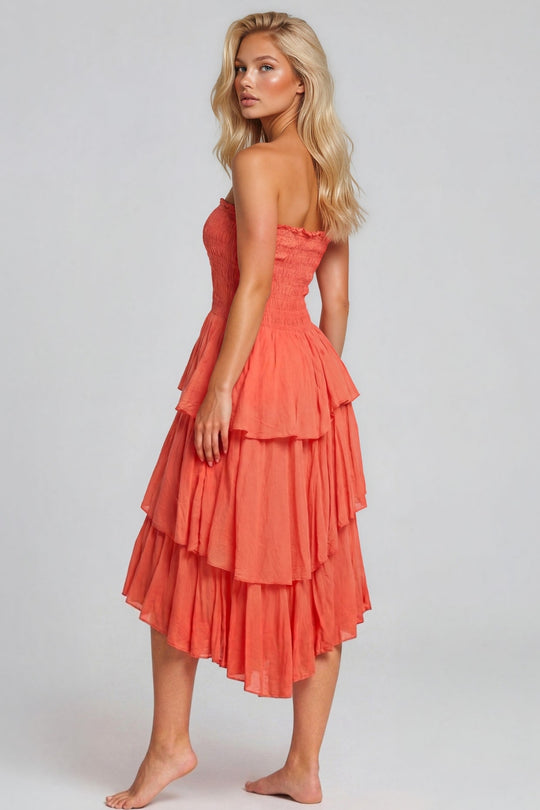 Daisy Smocked Bandeau Cotton Maxi Dress - Coral