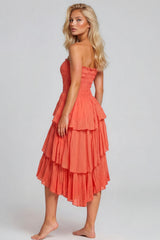 Daisy Smocked Bandeau Cotton Maxi Dress - Coral