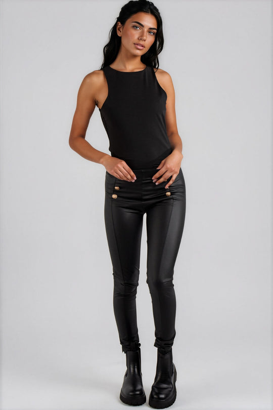 Dawn Faux Leather Button Detail Leggings - Black