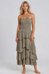 Daisy Smocked Bandeau Cotton Maxi Dress - Taupe
