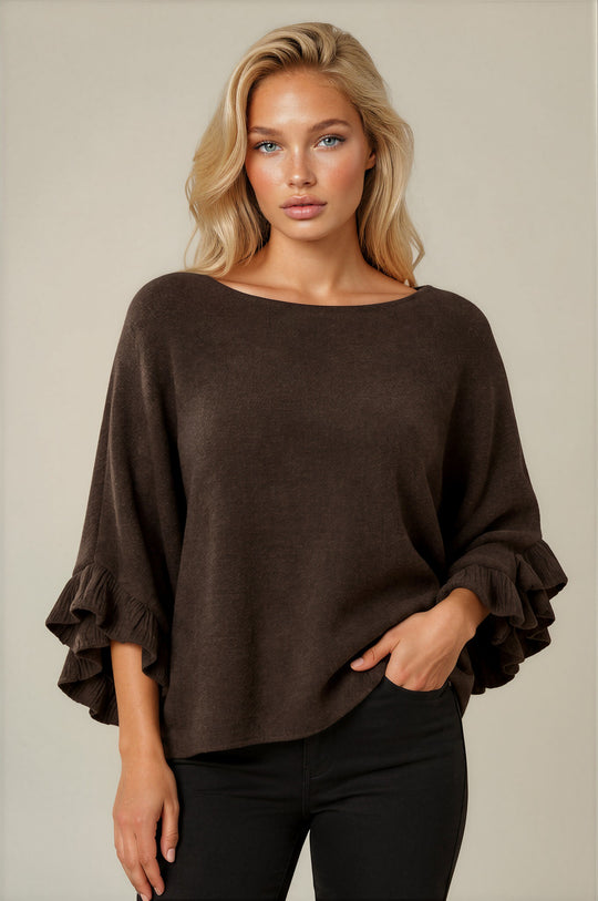 Ella Ruffle Sleeve Soft Knit Top - Chocolate