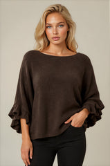 Ella Ruffle Sleeve Soft Knit Top - Chocolate