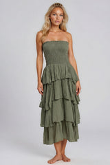 Daisy Smocked Bandeau Cotton Maxi Dress - Khaki