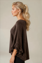 Ella Ruffle Sleeve Soft Knit Top - Chocolate