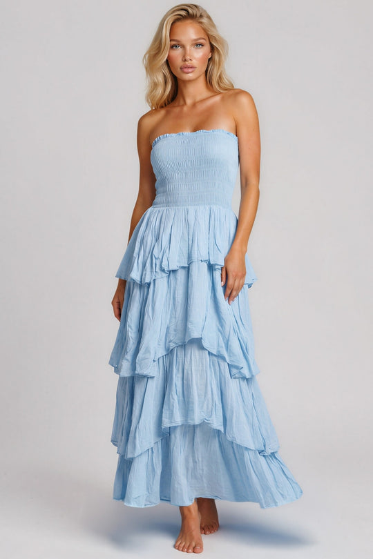 Daisy Smocked Bandeau Cotton Maxi Dress - Sky Blue