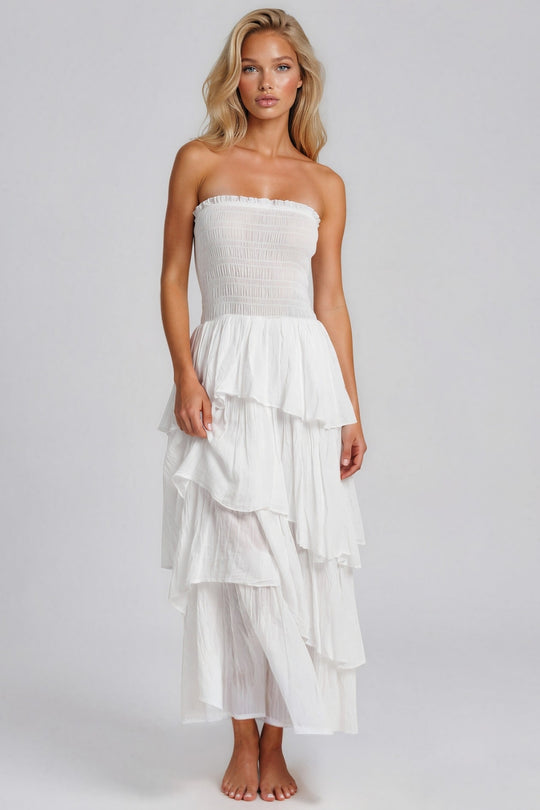 Daisy Smocked Bandeau Cotton Maxi Dress - White