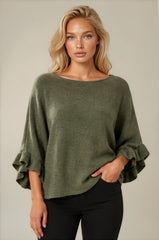Ella Ruffle Sleeve Soft Knit Top - Khaki