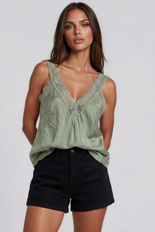 Skyler Satin Lace Trim Cami Top - Khaki