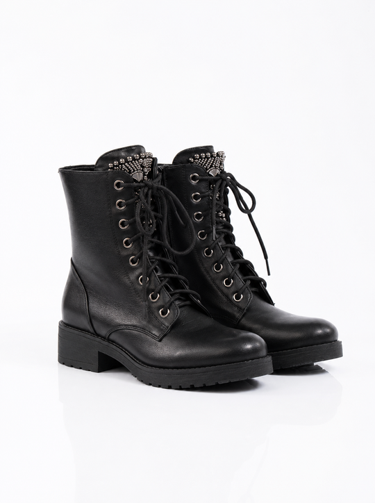 Alexandria Beaded Embellished Biker Boots - Black
