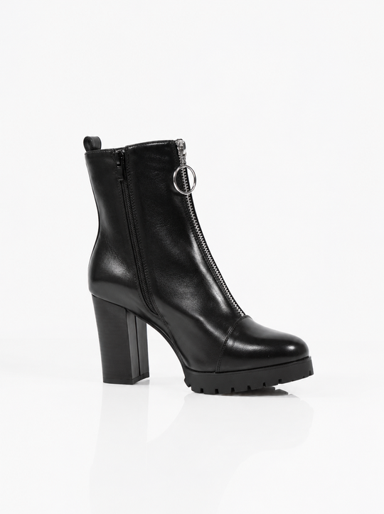 Amina High Shine Zip Detail Block Heel Ankle Boots - Black