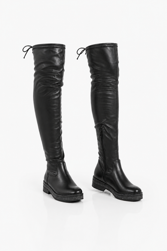 Charlee Faux Leather Knee High Diamante Detail Boots - Black