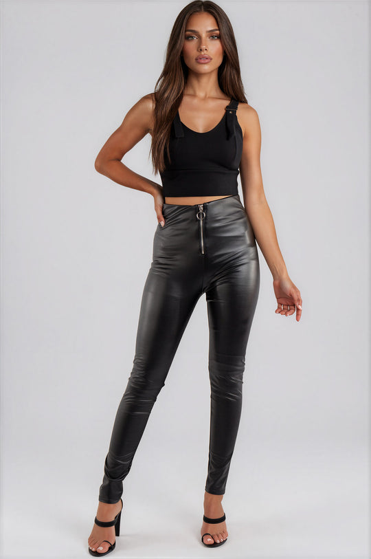 Koko Faux Leather Ring Zip Leggings - Black