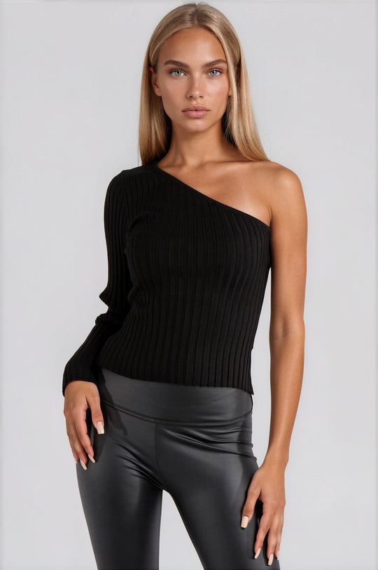 Caylee Ribbed One Shoulder Top - Black