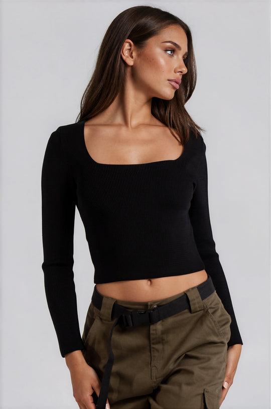 Renata Knitted Square Neck Crop Top - Black