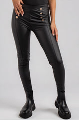 Dawn Faux Leather Button Detail Leggings - Black