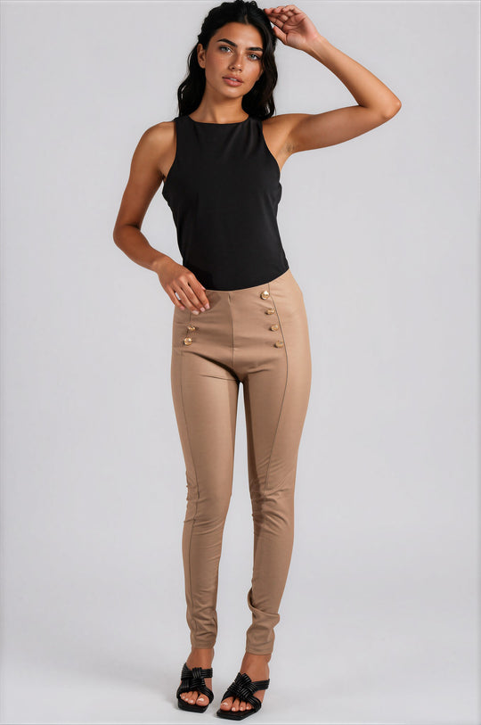 Dawn Faux Leather Button Detail Leggings - Beige
