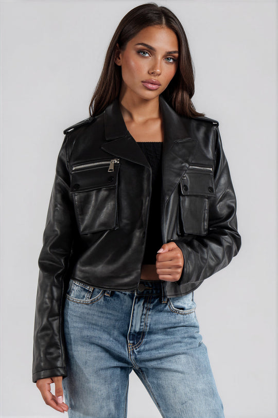 Christine Faux Leather Utility Jacket -Black