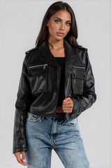 Christine Faux Leather Utility Jacket -Black