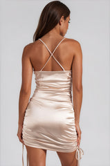 Leanna Satin Ruched Strappy Mini Dress - Champagne