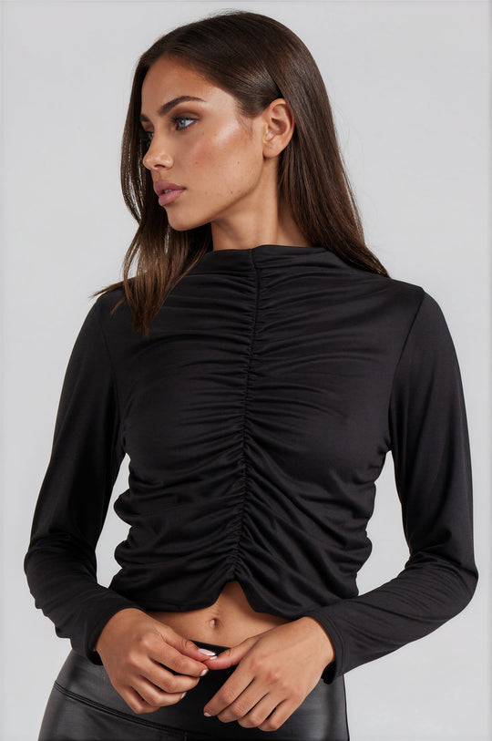 Emilia Ruched Slinky Crop Top - Black