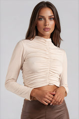 Emilia Ruched Slinky Crop Top - Beige