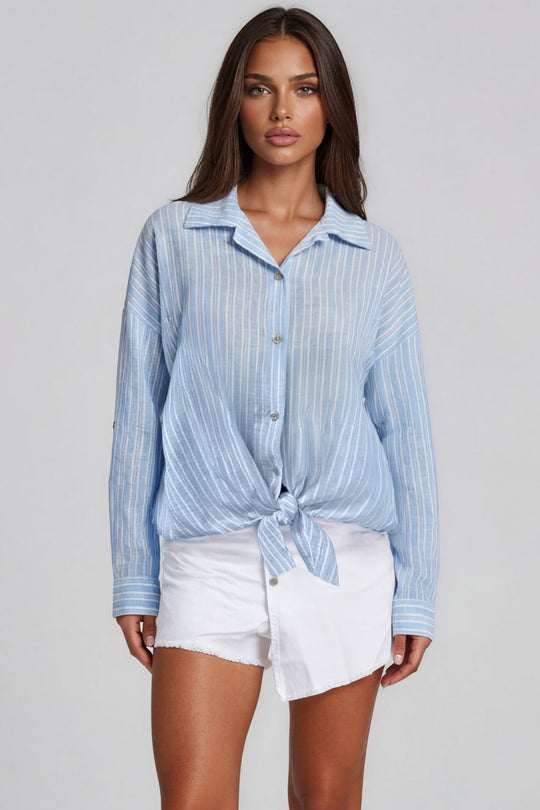 Luna Striped Tie Front Shirt - Sky Blue