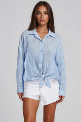 Luna Striped Tie Front Shirt - Sky Blue