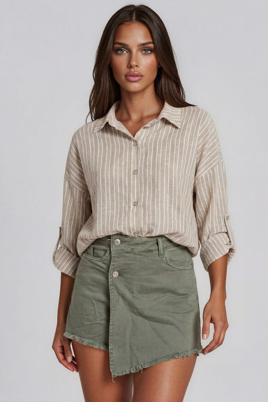 Luna Striped Tie Front Shirt - Beige