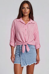 Luna Striped Tie Front Shirt - Pink