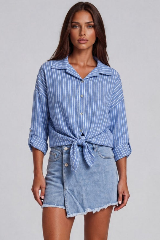 Luna Striped Tie Front Shirt - Royal Blue
