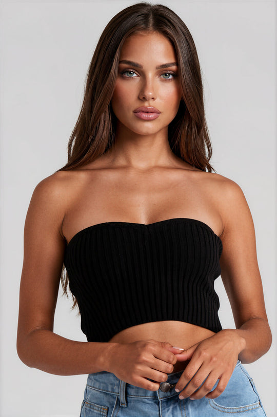 Adele Knitted Sweetheart Bandeau Top - Black