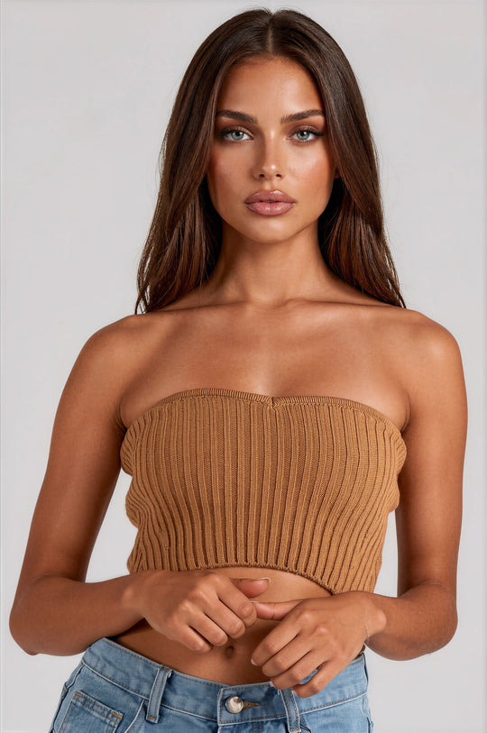 Adele Knitted Sweetheart Bandeau Top - Camel